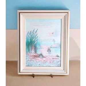 Signed K. Cummings Beach Lighthouse Ocean Scene Oil Painting On Canvas 17" x 21"